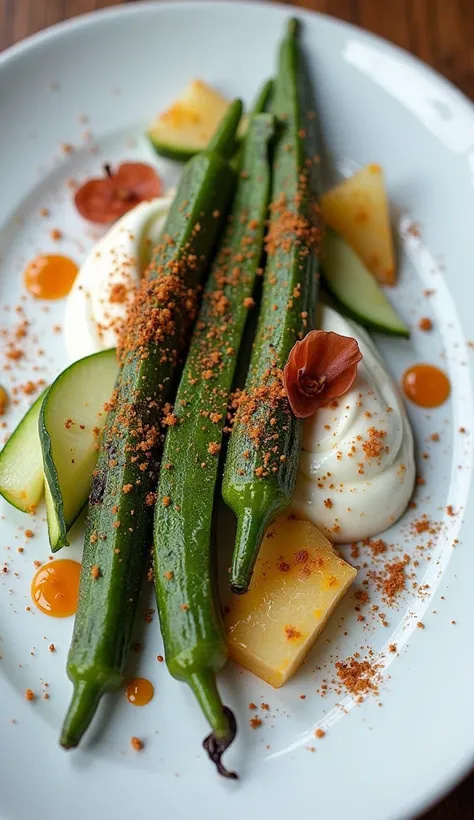 Hgraphic elements, Dynamic Light, Cinematics, HDR, UHD, professional PHOTOGRAPH OF:

"A deconstructed plate of Charcoal Grilled Okra served in a minimalist art form, where crisply grilled okra is paired with abstract swirls of jalapeño-infused yogurt and d...