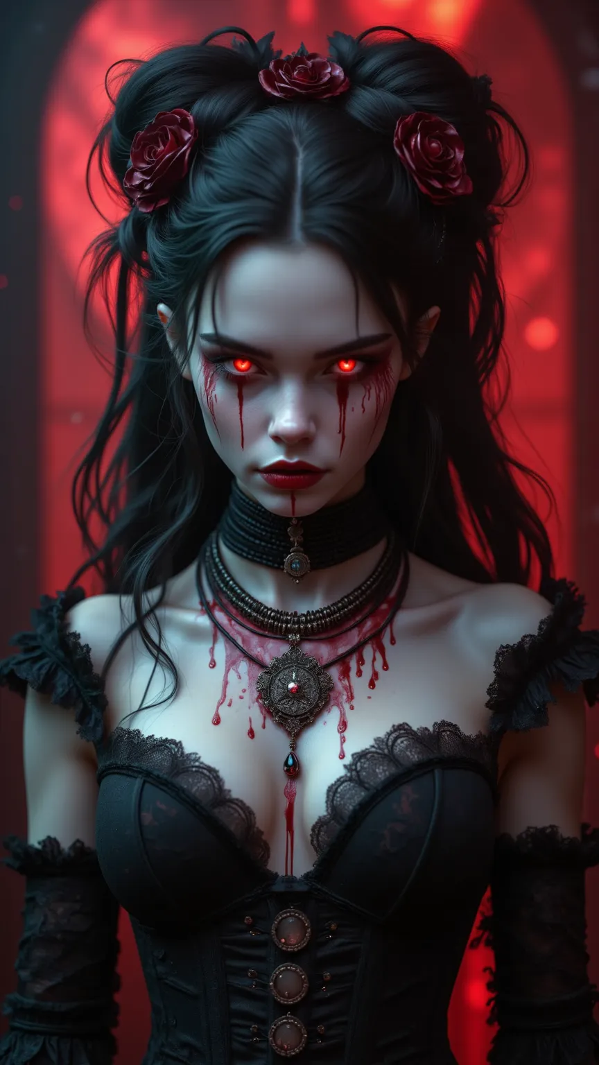 portrait of a young woman with a gothic vibe、pale skin、Sharp features、 melancholy expression、blood dripping from the mouth、bright red eyes、give long dark hair a complicated updo、black and red ribbon and flower decoration、fresh blood splashes on the face, n...