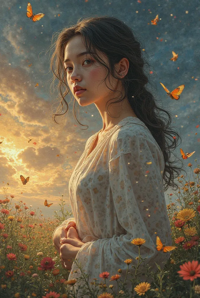 Alta calidad, fine details, bright studio lighting, ultra detailed painting, physical rendering, Hikaru Hizashi and Hyuga Hizashi,  Realistic portrait, detailed face, emotional poses, fantasy environment, dramatic sky,  storm clouds , Golden light, Mystica...