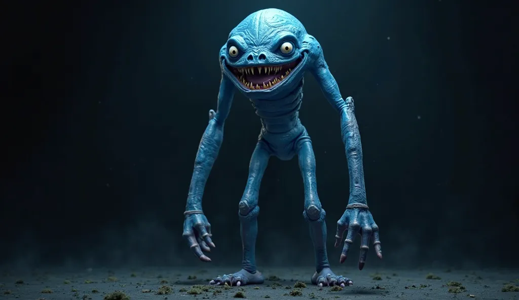 A tall grotesque blue monster with glowing blue eyes, a jagged, too-wide smile, and twisted, elongated limbs on a black background. Make the lighting like a 3d render