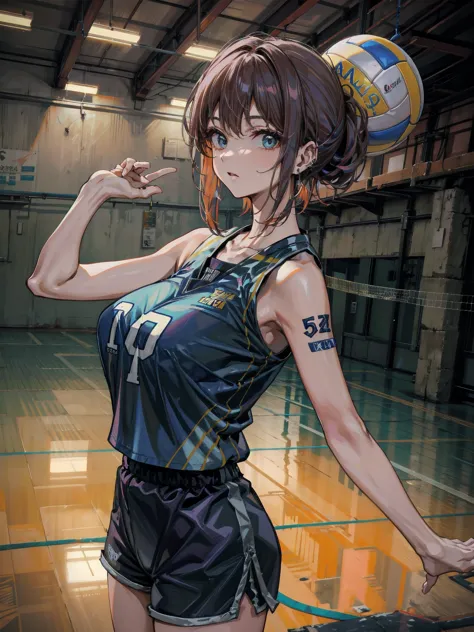 earring, large breasts, narrow waist, short hair, wavy hair, hair behind ear, half updo, black hair, looking at viewer, volleyball uniform, shorts, indoor,