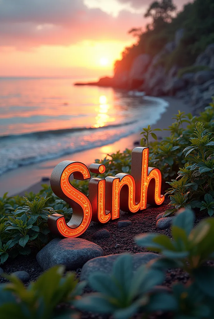 Text the name SINH on the sea with nature with cool graphics with the sunset

