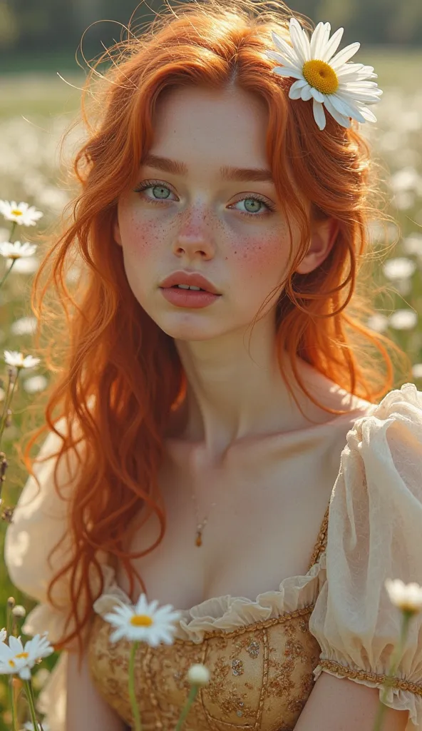 A realistic portrait of a 25-year-old woman with red loose hair in soft waves and a single pretty beautiful daisy in her hair, with big azure eyes and freckles on the cheeks and nose, gentle look at the viewer, open lips ,  small nose , she wears a cream c...