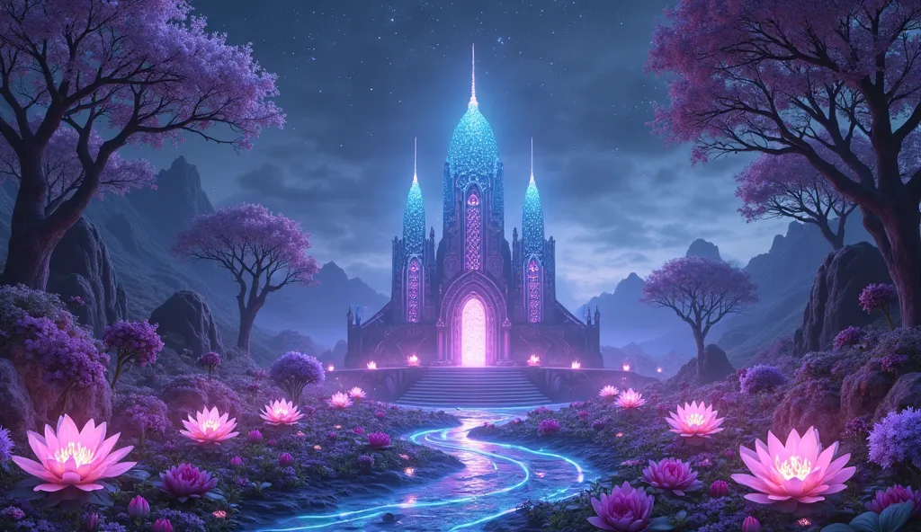 
Fantasy temple with peaked towers of violet and blue glass, the temple has in the upper part 3 small balls of violet and blue precious,  at night, clear sky con la violet and blue aurora borealis de color  violeta y azul, 3 very large purple and blue rose...