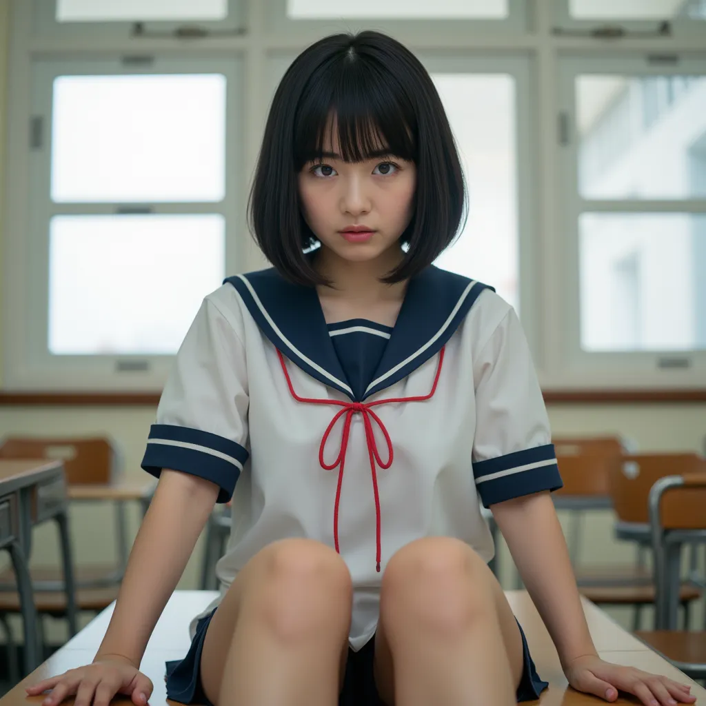  Japanese high school girl、Big Breasts、plump thighs、Bare legs、black hair bob hair、full body shot、looking at camera、Sailor uniform、sitting on a desk in the classroom、 from below、He has an intimidating attitude、A slightly angry expression、From the below.