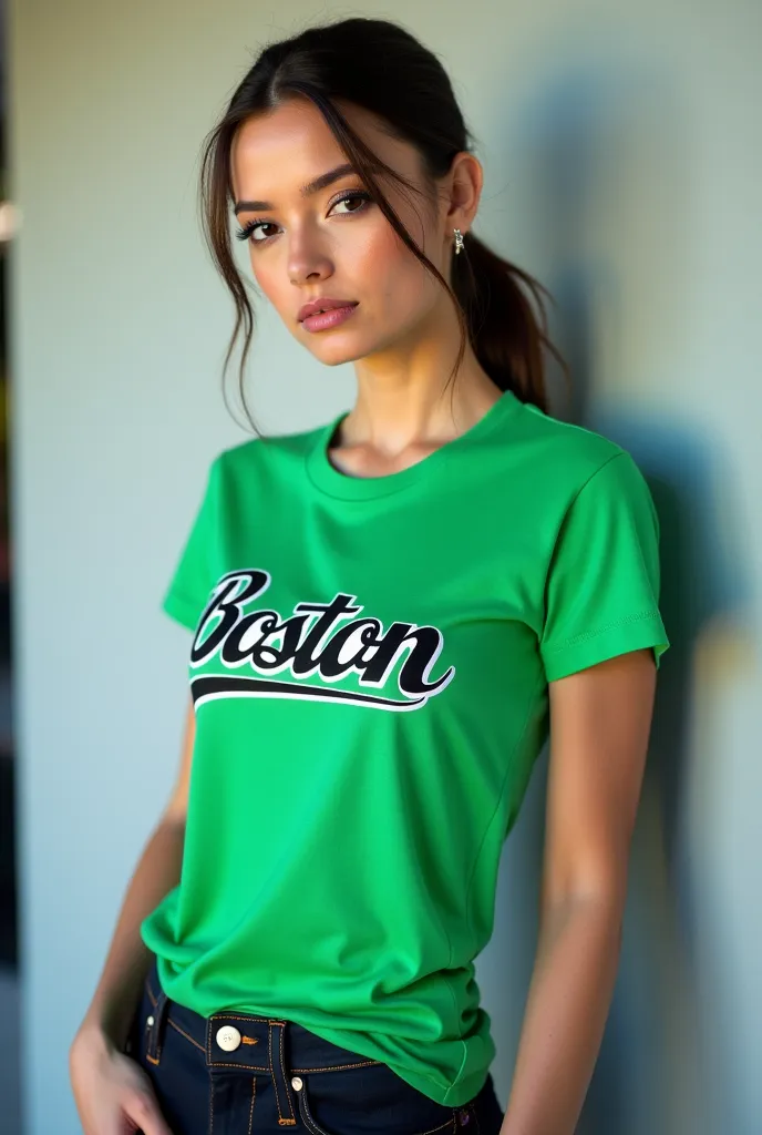 Create a female Fashion model with 36 chest which wear Green Tshirt and print Boston