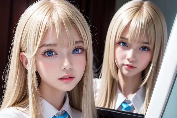 portrait、A stunning blonde beauty、A  girl with a very beautiful face、School uniform、 bright expression 、 young, shiny, radiant white shiny skin、Gloss Face、Cheek Gloss Highlight、The best beauty、Reflected light on bright blond hair 、baby blond hair with dazz...