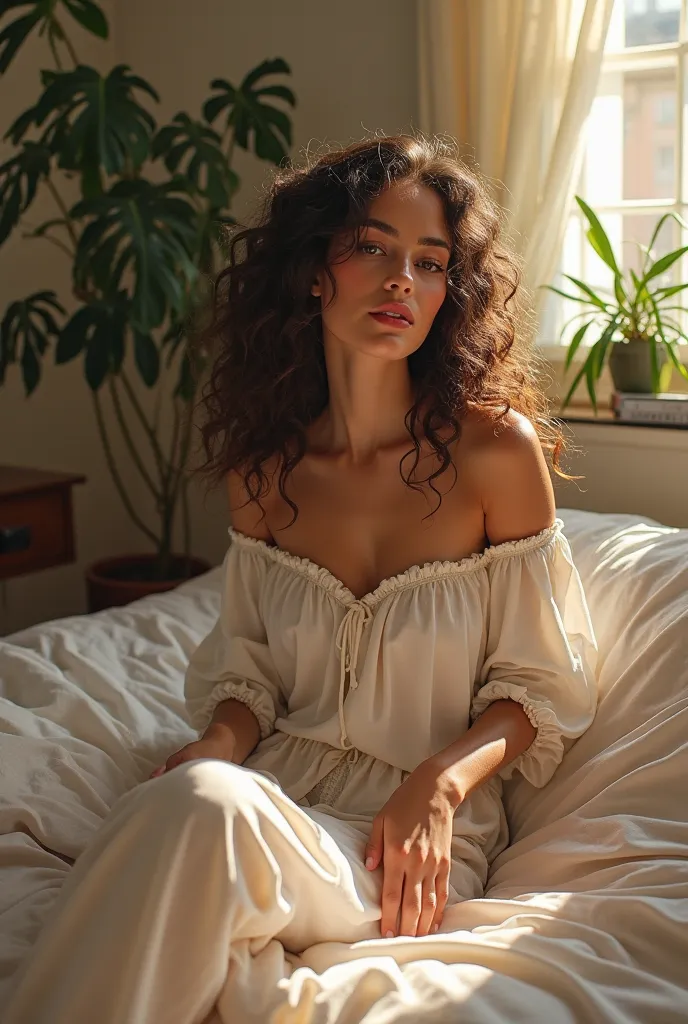 (photorealism:1.2), beautiful woman, sitting on bed, wearing loose off-shoulder top, pajama pants, long curly hair, indoors, soft lighting, plants in background, window with sunlight, cozy room, relaxed pose, realistic, intricate details, warm colors, by G...