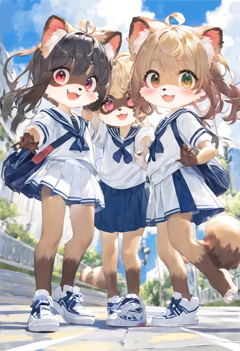 Raccoon:2 girls::  high school uniform  :sailor suit,cute,masterpiece,Wide range of colors,top quality,official art,  colorful,happy,smile,最高にcute猫,   fluffy,I&#39; m I'm looking forward to it , happy,  Fun outing,   Fun Waiting Time   , Shines on both sid...