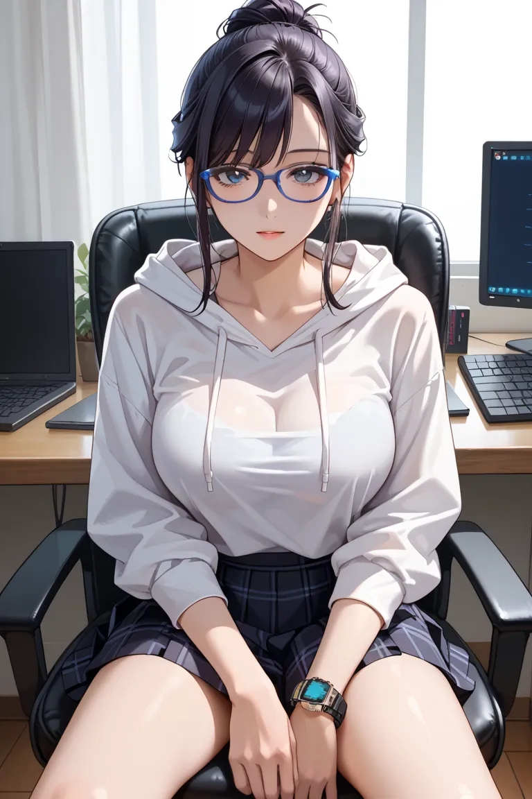 score_9, score_8, score_7, fancy fixes, accurately in viewer, masterpiece, top quality, source anime, 
alone concentrated, fit girl, (half updo hair), (dark navy hair), bangs with pinned, dark silver eyes, (blue glasses) ,large breasts, (black plaid skirt)...