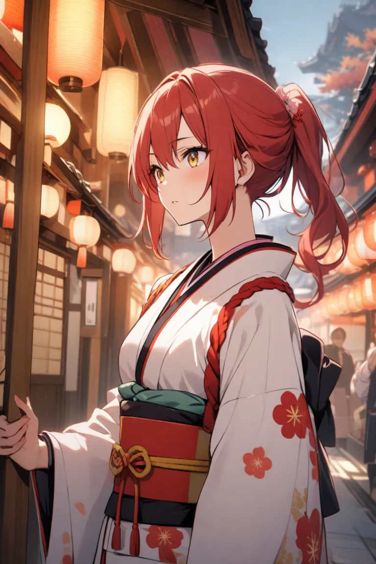 Red hair, ponytail, golden eyes, Japanese.
clothes