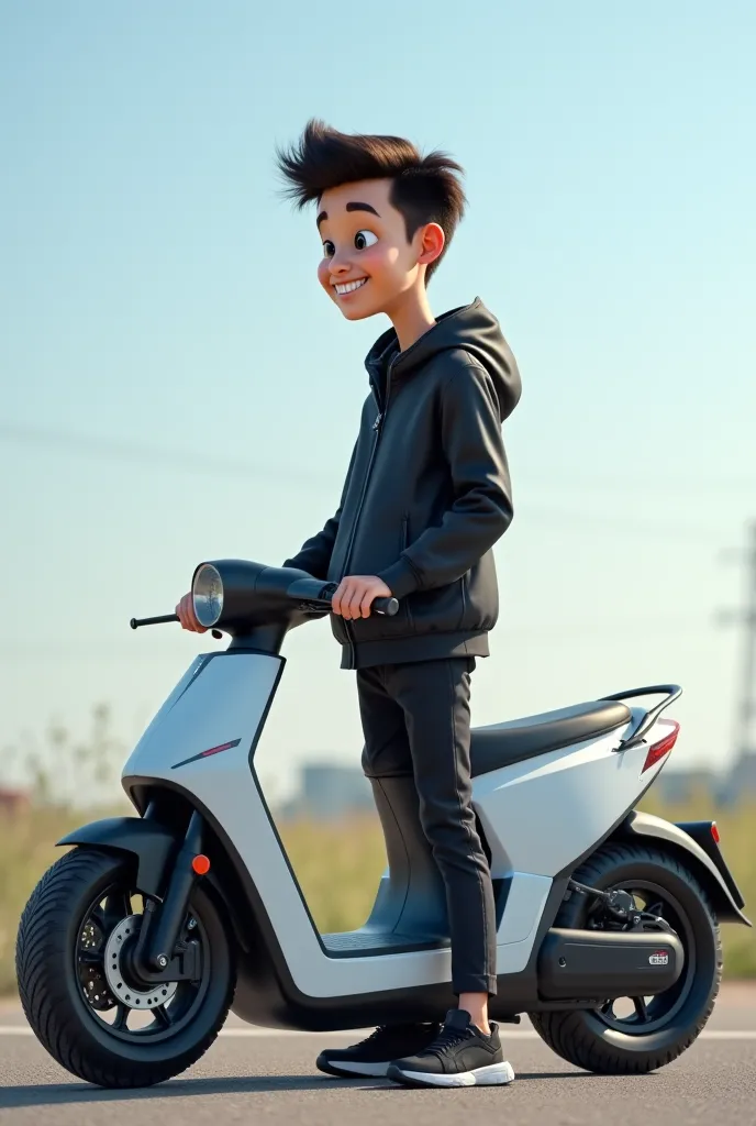 Caricature style of a 20 year old indonesian boy.wearing a black jacket . Standing alone on the side of the highway with 2 tires electric motor in white and futuristic .by dealer. .JReal ultrarealistic photo