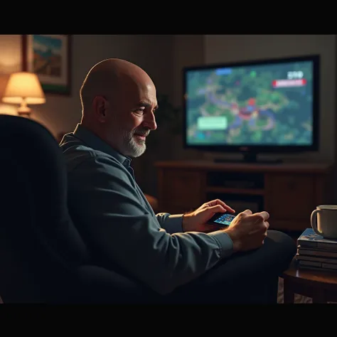 Bald man playing Nintendo Switch 