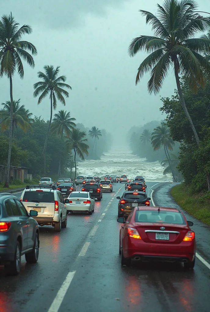 A coastal highway is gridlocked with cars, honking and screeching as desperate families attempt to flee inland. In the rearview mirrors, the approaching wall of water looms, surging over palm trees and devouring entire buildings