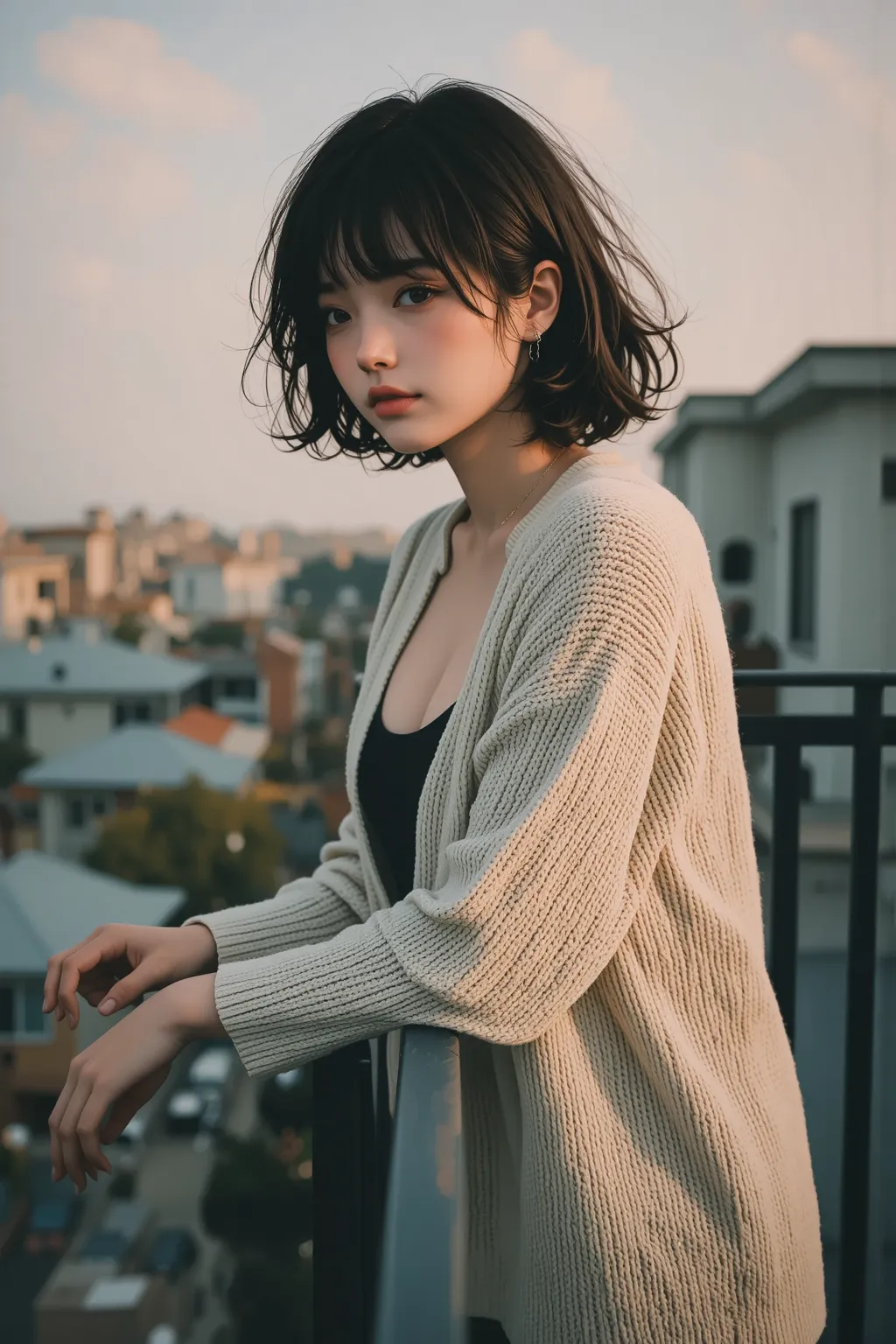  1 woman standing , (leaning on the balcony railing.:1.2) (looking away), (voluminous knit sweater)  Stylish , , a mature woman, /(with dark hair/)  bangs, ( depressed expression:0.6) (light blush:0.8), (Masterpiece Best Quality:1.2) Delicate Illustration ...