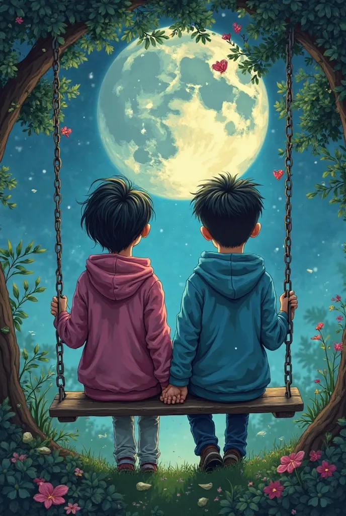 there are 20 Year old friend sitting of front on a swing in the beautiful greenery view, wearing a sky blue and pink hoodie,boy with name SADIK, write on it,boy with name ASRAFUL, write on it ,lovely friend, sitting on a moon, heart emoji,holding hands in ...