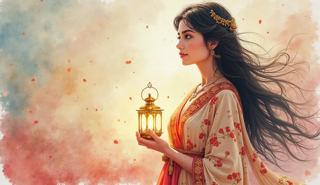 "Create a detailed watercolor illustration of a young Persian woman standing gracefully, gazing thoughtfully into the distance. She wears a traditional Persian robe with intricate floral patterns in soft reds and golds, flowing gently around her. Her hair ...