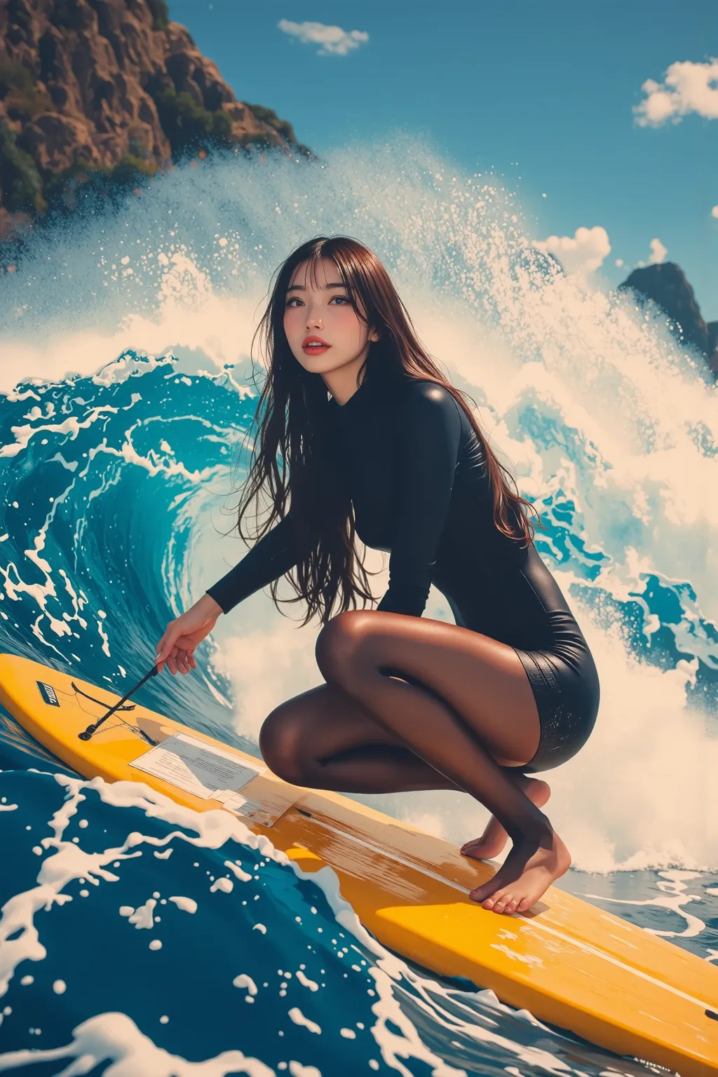 1lady solo, Standing on a surfboard, (Squatting :0.8) balance, (DYNAMIC POSING), (Stylish wetsuit) , (, a mature woman:0.8), /(with dark hair/)  bangs, bright smile, (Teeth:0.8), (Masterpiece Best Quality:1.2) Delicate Illustration Ultra High Definition,  ...