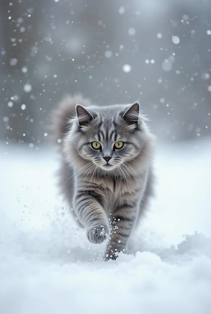 Creat a video of an grey fluffy and healthy cat running on snow