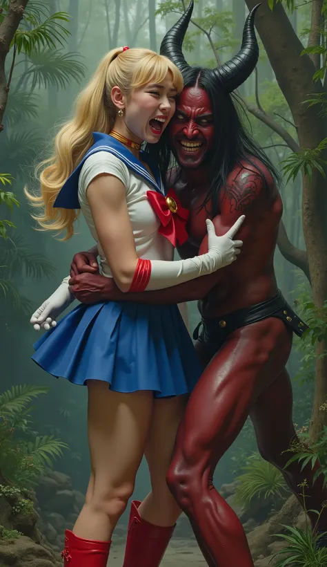 Hyperrealism, masterpiece, highest quality, A young Japanese woman is bending down and hugging from behind by a devil, ((she is crying and screaming in pain)), tears from her eyes, painful face, she is wearing a Sailor Moon costume, Blue sailor collar, Blu...