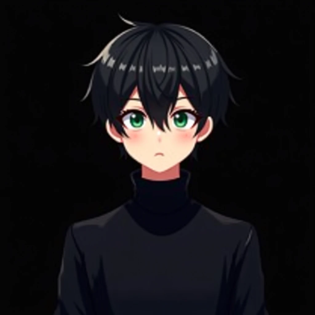 Boy in anime & pixel art style a 20 year-old a semi long black hair like to his neck or shoreter a bit and the hair between his eyes and green eyes looks normal wearing a  black turtleneck sweater showing his upper body make it with black background, avata...