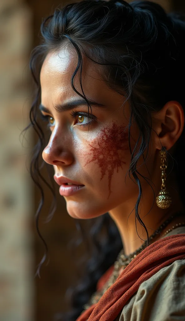 show the face of a super beautiful and gorgeous Persian ancient female warrior from one side while she looks forward, in an epic, cinematic style. her face is very sweaty and tired. action, very epic, action, cinematic, hyper-realistic, highly detailed.