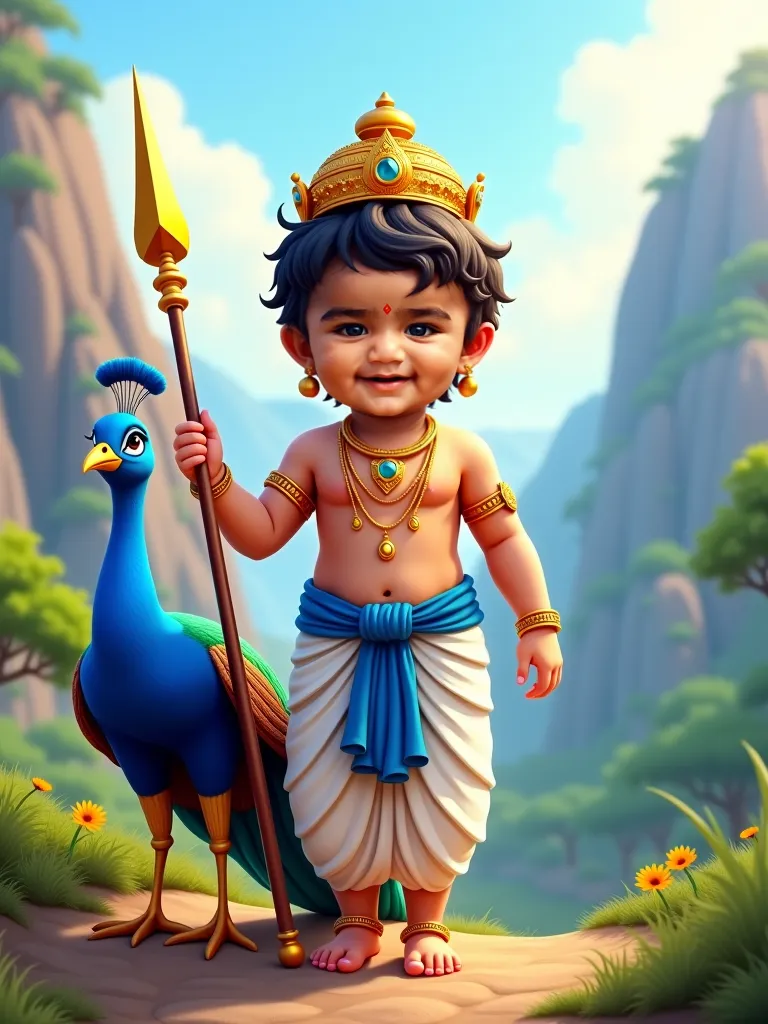 A vibrant realistic image of the adorable baby boy as Lord Muruga, standing besides one peacock  and  holding a divine spear called vel in one hand,  in the background and wearing a white and blue dhoti with eyes looking straight at you, wearing a golden c...