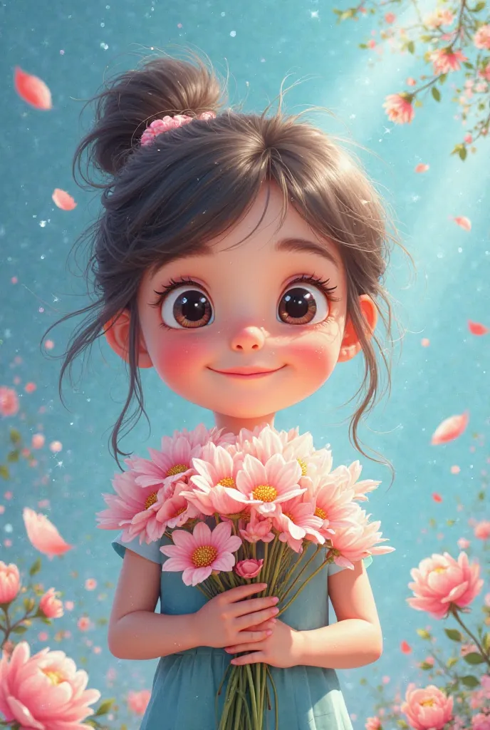 A cartoon girl is holding flowers and there are also flowers and light in blue tones around 