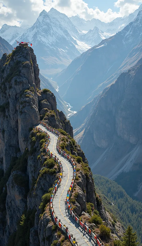 An epic drone shot of a narrow, rugged mountain road high in the Himalayas. The road is carved into the steep cliffs, with a deep valley below. Colorful prayer flags flutter in the wind, adding a spiritual essence to the breathtaking view