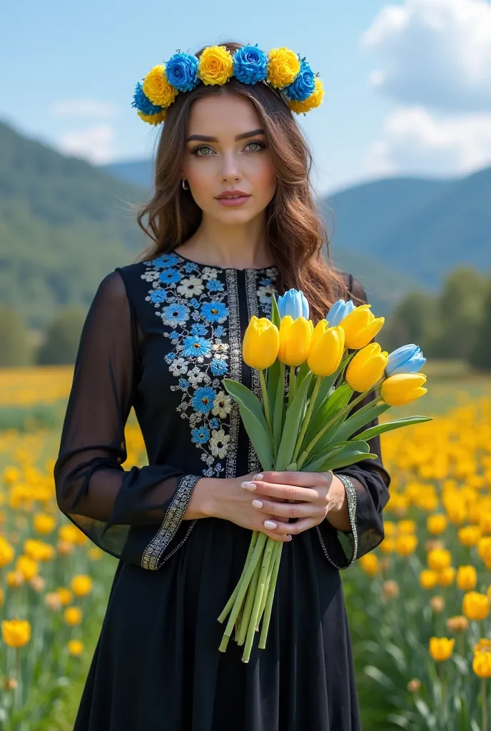 A beautiful Ukrainian woman with a perfect face, makeup, in a long black dress with long sleeves with embroidery of blue, yellow, blue-yellow flower wreath on the head. He holds a bouquet of tulips in his hands. Blue sky, beautiful Ukrainian landscape, rea...