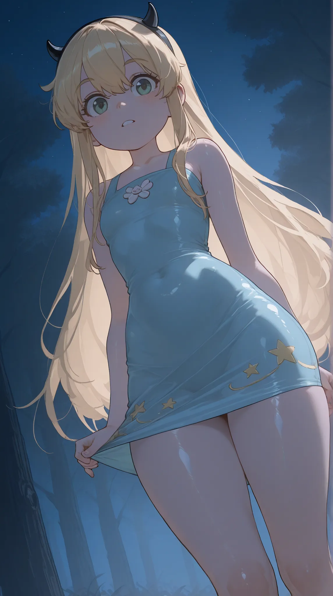 star_acc, blonde hair, long hair, fake horns, ((cyan dress)), slender, petite, flat chest, thick thighs

, at night, stars light, shiny skin, shiny clothes, impossible clothing, Dutch Angle, Ukiyo-e, UHD, forest