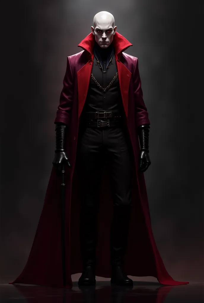 Create a character design of a Delaque gang member from the Warhammer 40,000 universe. The character has pale skin and wears a stylish outfit that transitions in color from bright red at the top, through burgundy, to black at the bottom. Dark and stealthy ...