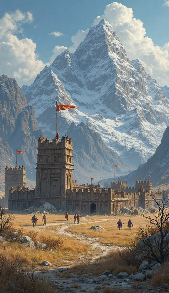 Medieval garrison with wooden fence and watch towers in a big plain  surrounded by mountains.