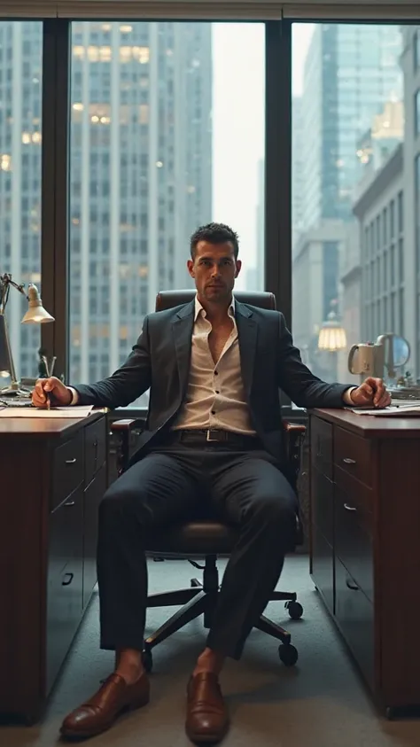 a wide angle zoomed out shot of a handsome business man wearing a unbuttoned suit for the top and underwear at the bottom, sitting at his office desk with his legs wide apart. handsome business man, wearing a formal suit jacket and only underwear, sitting ...