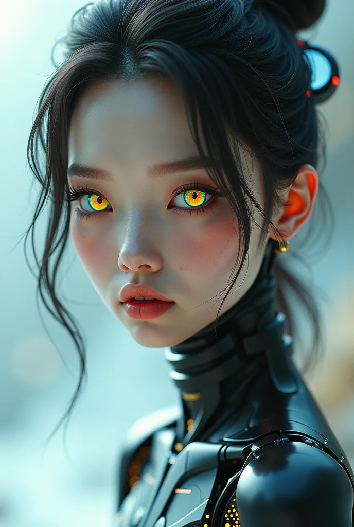 Heterochromia beautiful haired girl from the future , thin and mechanical face 