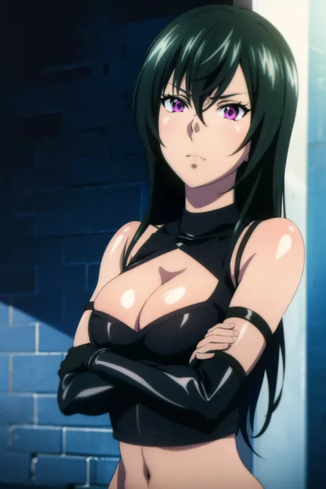 1girl, solo. alone, adult face, fearless face, black hair, (purple eyes:1.3), long hair, hair between eyes, bare shoulders, large breasts, collarbone, cleavage, cleavage cut out, only black tops and bottoms, black shiny latex, black bondage outfit, midriff...