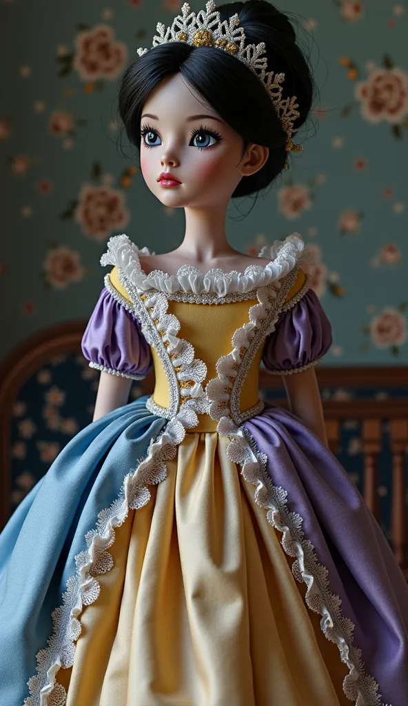 Poupée à la métissée avec une robe de princesse de style victorienne de couleur bleu foncé, violet, jaune et rose. La robe est du type des femmes dans la série les bridgerton 