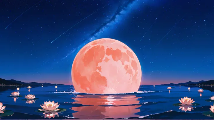 starry sky background, Night, moon, water and circles on the water, lilies, pink orange, purple, blue, blue