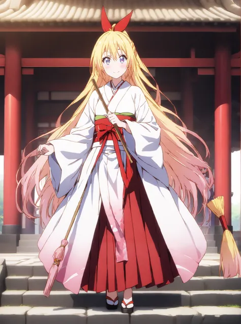 score_9, score_8_up, score_7_up,  source_anime, chitoge kirisaki, long hair, blue eyes, blond hair,hair ribbon , smile,blush,close your mouth, o, very long hair, multicolored hair, Red Ribbon, gradation hair, medium chest,Shrine maiden,  Japanese Clothes, ...