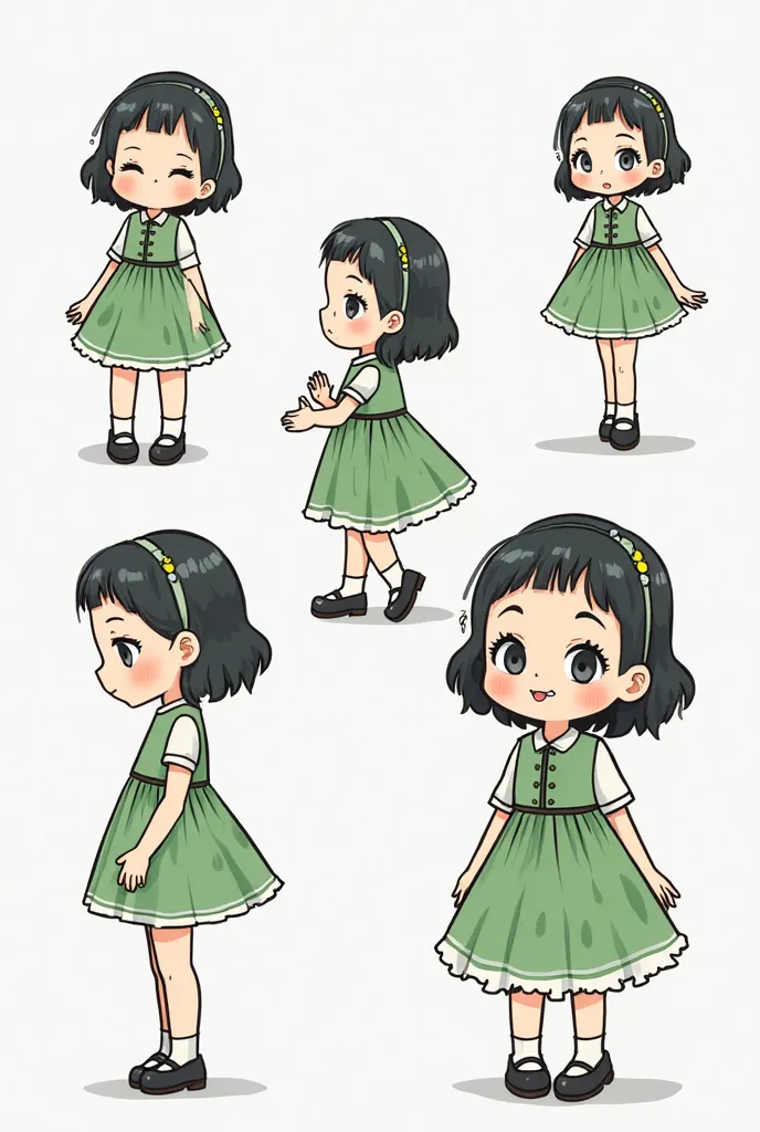 "A garo character illustrated in a storybook style, depicted in multiple poses and expressions. She is a cute five-year-old girl, portrayed in a black-and-white line drawing typical of storybook illustrations. She wears black shoes and a green dress with a...