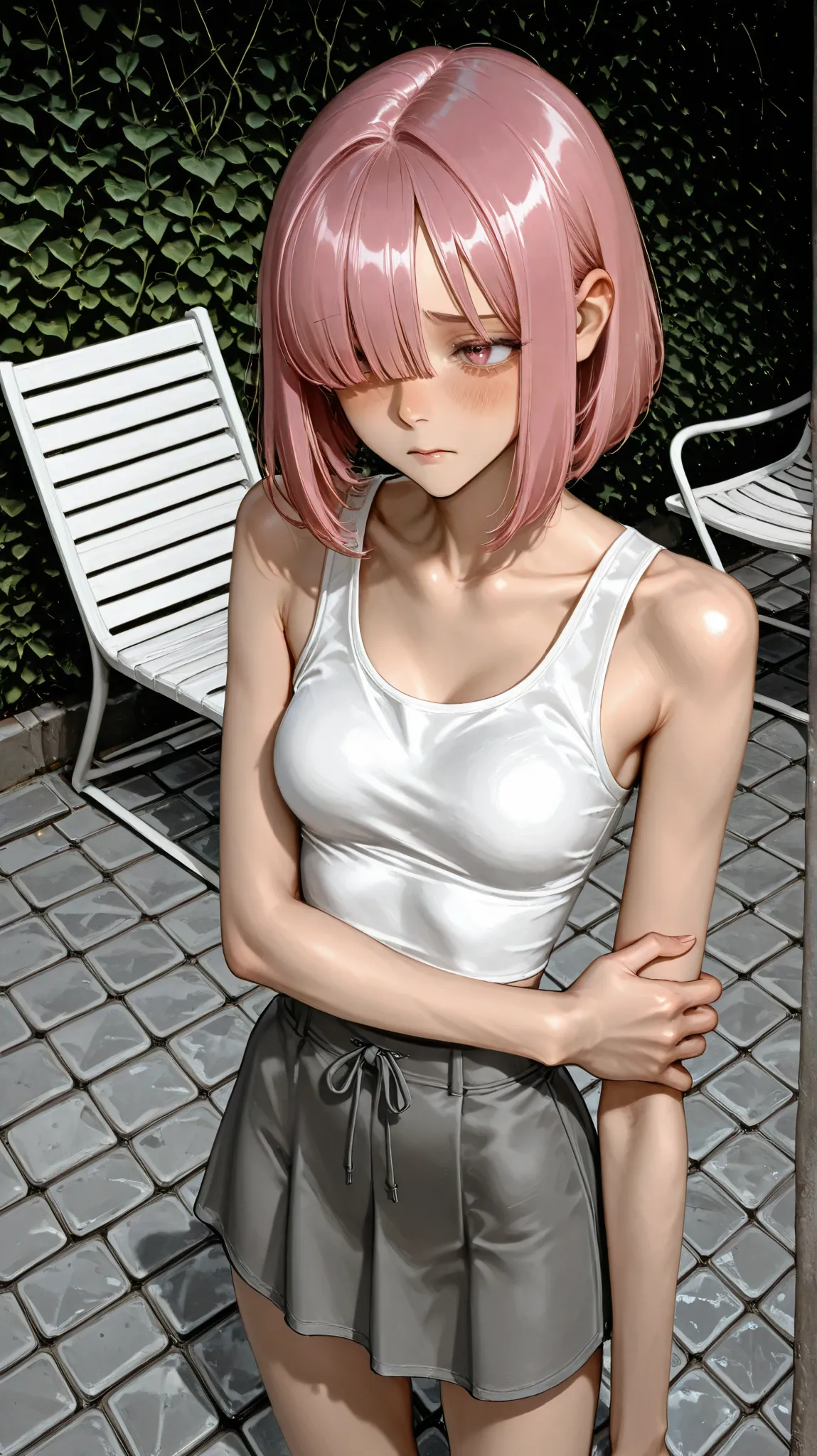 female, medium boobs, short pink hair, pink eyes, skinny, outside, summer, chair, , down a stone pathway, holding arm, wearing a tank top, wearing a short skirt, 134cm tall, bangs over one eye, shy, timid 