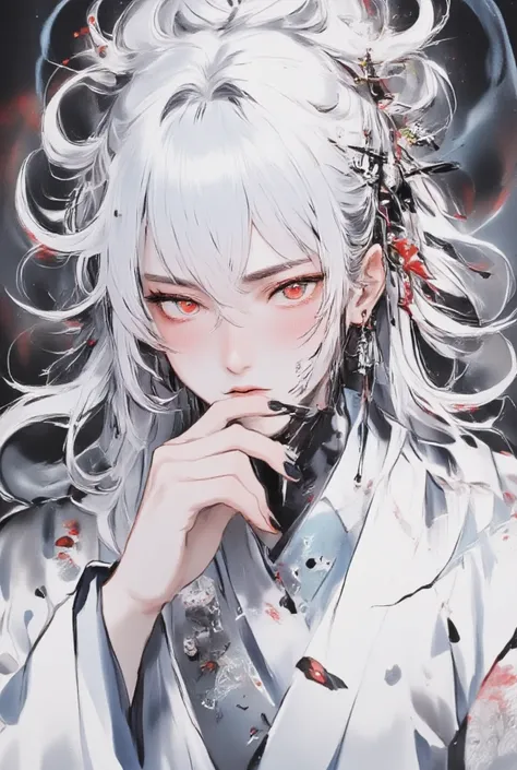 1 man, alone,  long hair, looking at the audience, hair jewelry,  Red-eye, gag, upper body,  White hair, Braid, japanese clothes, Pointed ears, Nail polish, twin Braids, mask, Floral pattern, Iris in the form of lines, Pale skin,  White Kimono , Albino per...