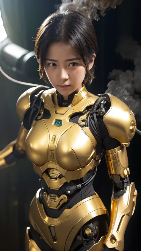 textured skin, very detailed,   Attention to Details  , high quality, 最high quality, High Resolution, 1080P,   hard disk,  beautiful,(gold mecha cyborg girl、with wires and cables connected to it ), beautifulサイボーグ女性, dark green mecha cyborg girl ,fight,  gi...