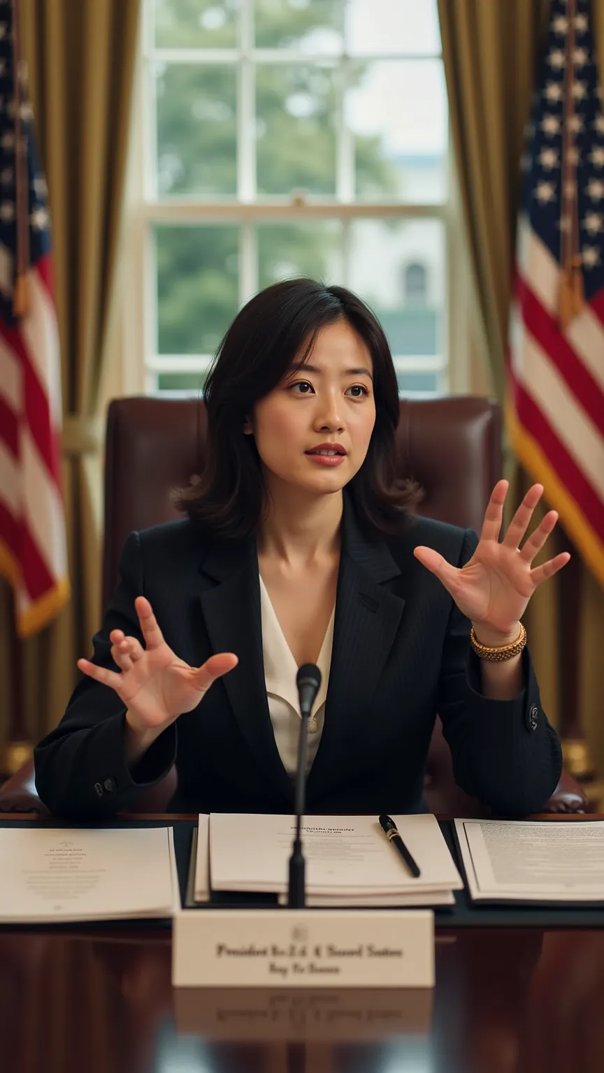 A Japanese woman in a luxurious office, confidently sitting at a grand presidential desk with the American flag and the White House visible in the background. She wears a formal suit, has an authoritative expression, and gestures as if giving an important ...