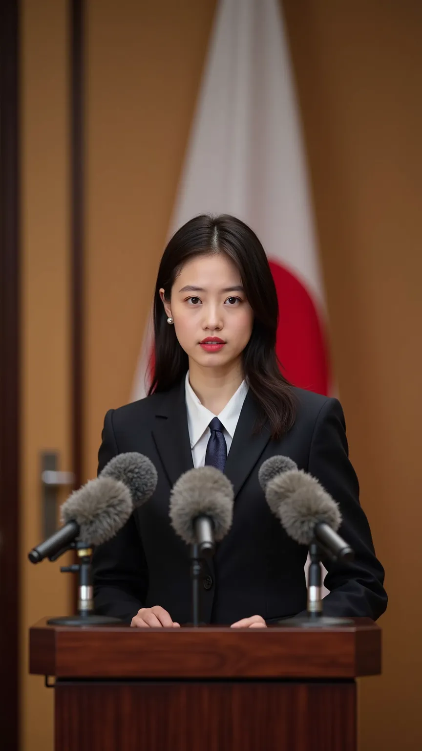 "A young woman in a formal suit, standing confidently in front of a podium with microphones, giving a speech as if she is the Prime Minister of Japan. She has a serious yet slightly delusional expression, as if she truly believes she is the leader of the c...