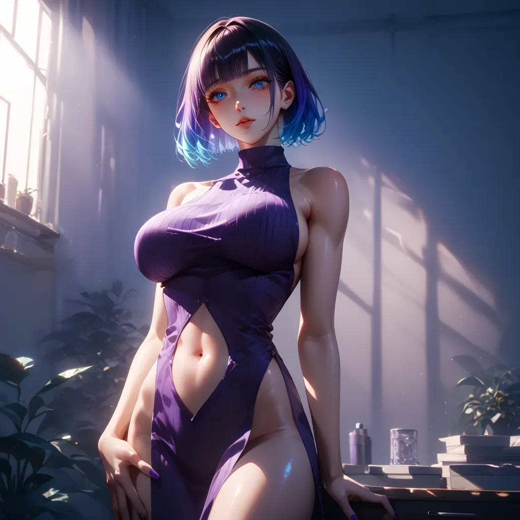 hand on own ass, ((purple black, hair, gradient hair ), top quality、 ( professional lighting without shadows )、 surreal, is fascinating、figure like a slender supermodel、 1 girl, ( big breasts, Belly button exposed), ( flat at honny, beautiful skin)), (明るい ...