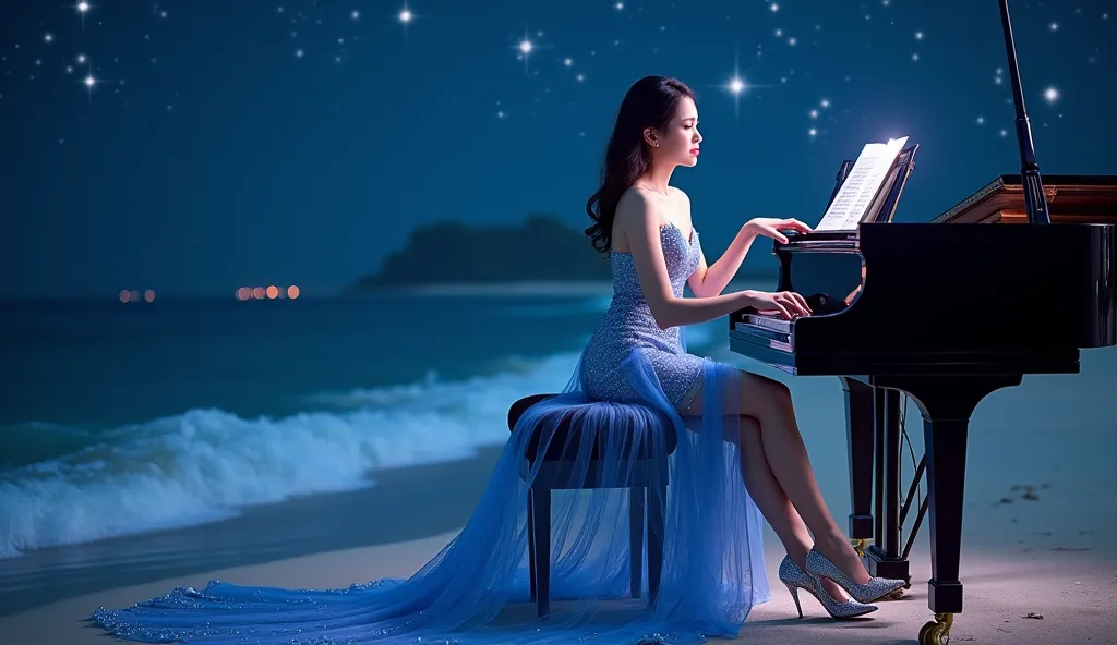 Thao, an18-year-old girl with smooth white skin, is sitting by a piano on a starry beach at night. She is wearing a sparkling blue evening gown that accentuates her voluptuous bust and hips, paired with elegant crystal shoes. The gown hugs her figure perfe...