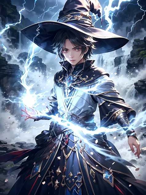 (masterpiece), best quality, Very detailed, A Magus boy with black hair holdding a magical, cold blue eyes, 19 years old boy, Electric magic，electrical arcs，lightning， Witch Hat, Ruffled skirt, Red and black clothing, Holding a magic wand, Magic lights, 