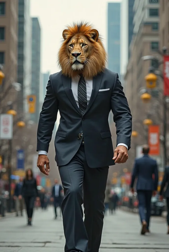 a male bodybuilder in a suit and tie with a lion's head walking down a street 