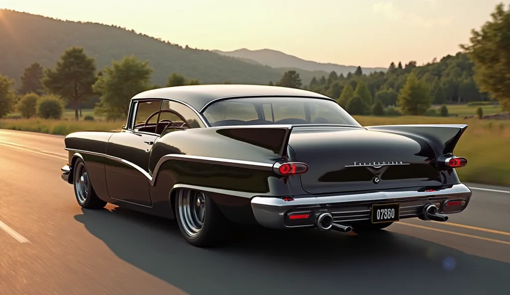 The rear and side of the 2025 Chevrolet Bel Air, driving along a countryside road, showcasing its retro-modern taillights and sporty stance. The polished chrome bumper gleams under the afternoon sun.